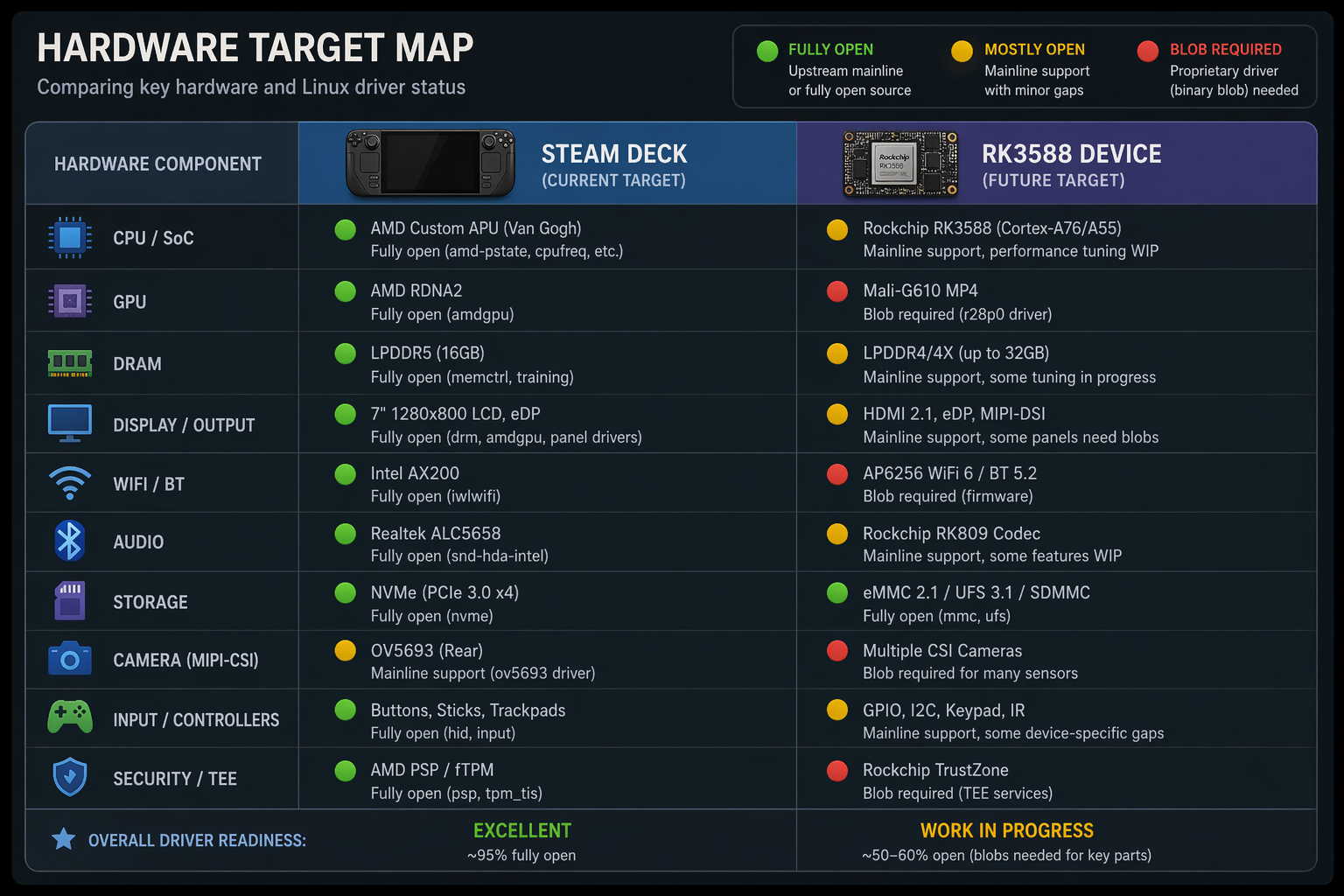 Hardware target map comparing Steam Deck and RK3588